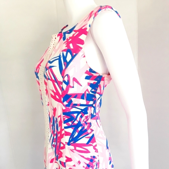 JUST...TAYLOR ABSTRACT PINK/BLUE LACE STRIPE SHIFT DRESS SZ 12 - Picture 1 of 10